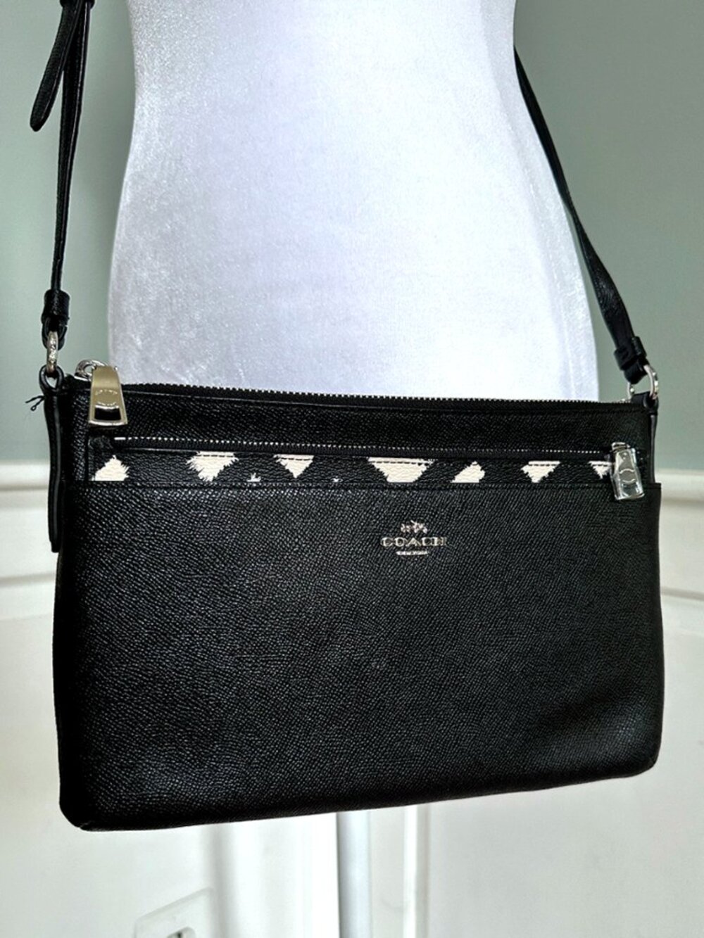 Coach East West Crossbody Black Leather Wild Plaid Pouch F22251
